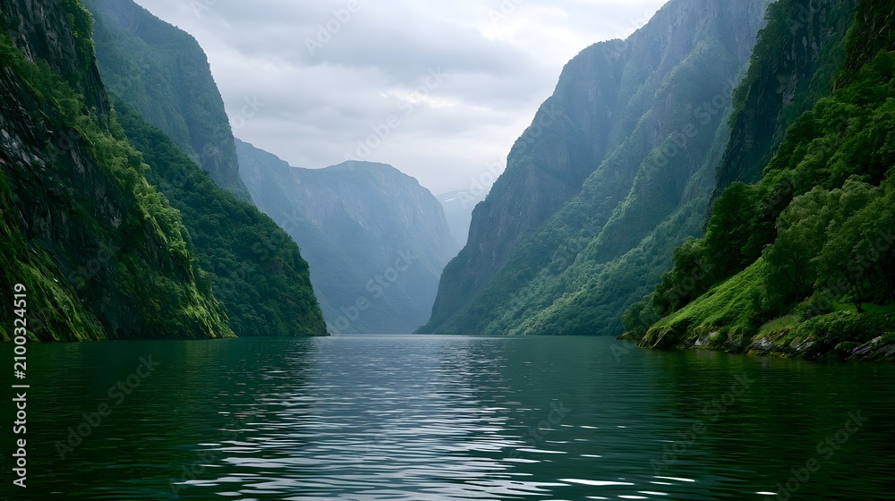Fototapeta premium A serene fjord flanked by towering green cliffs under a cloudy sky reflecting calm waters below