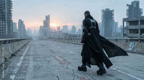 Brutalist cleric walking across a deserted megacity overpass