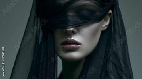 Prompt: An ethereal yet dark fashion shot. A model with pale skin and dark eye makeup has a single, long strip of wet black chiffon wrapped loosely yet suffocatingly over her eyes, trailing 