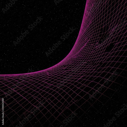 Abstract illustration of spacetime curvature caused by a massive invisible object, creating a dynamic, deep cosmic background grid, curvature, banner, physics