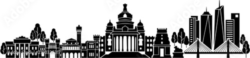 Bengalaru Detailed Urban Skyline Silhouette Illustrating Iconic Historic Architecture and Modern Corporate Skyscrapers in a Metropolitan Cityscape