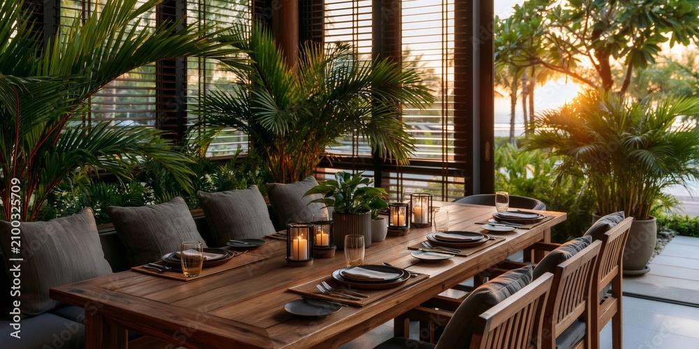 Fototapeta premium Outdoor dining table set for sunset dinner