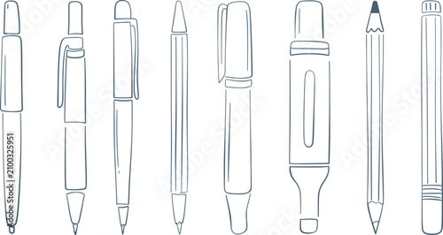 Quadro su tela Set of hand drawn pen and pencil sketches featuring various writing instruments