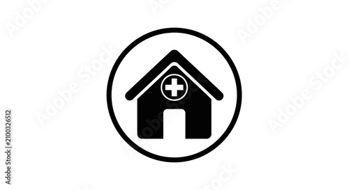 Hospital building icon enclosed in a circular frame indicates a professional medical facility or clinic.