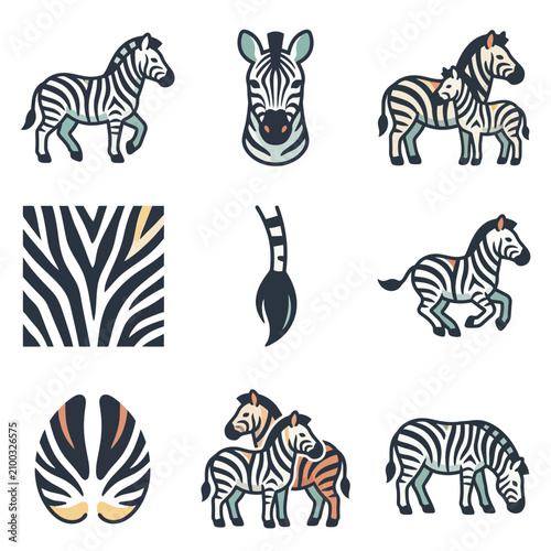 Collection of Zebra Illustrations Featuring Different Poses and Patterns.
