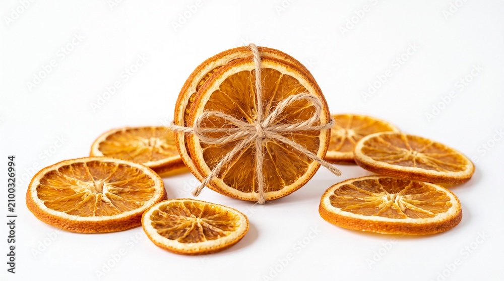 Fototapeta premium Stack of dried orange slices tied with rustic twine string