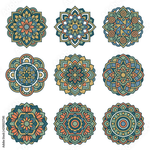 Set of nine colorful mandala patterns with intricate geometric designs.