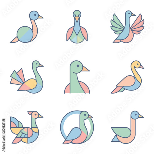 Collection of colorful and stylized bird illustrations in various poses and designs.