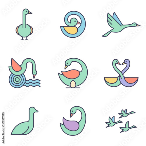 Collection of colorful cartoon-style aquatic animals and birds illustration.