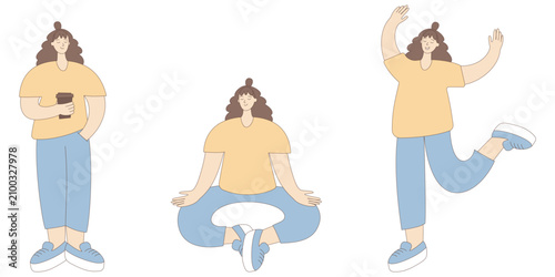 Flat vector set of young women in casual poses: coffee break, meditation and joyful movement. Lifestyle, self-care and wellbeing concept.