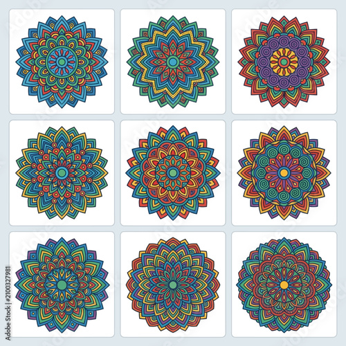 Collection of nine colorful mandala patterns with intricate geometric designs.
