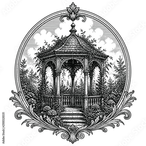 Vintage Engraved Illustration of an Ornate Garden Gazebo in a Decorative Frame.