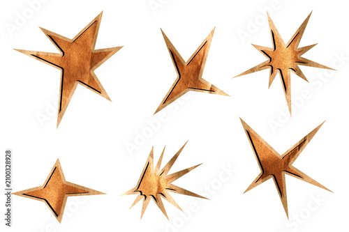 Abstract star shapes illustration set with textured brown cardboard cutout effect, graphic elements for event promotion
