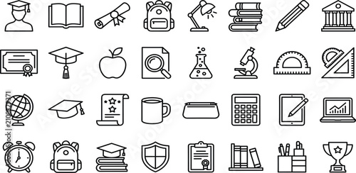 Cuadro en lienzo Education and School Line Icon Set with University Graduation, Learning Books, Classroom Supplies, Science Laboratory Equipment, and Academic Outline Vector Symbols