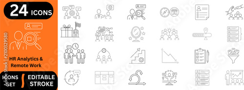 Human resources line editable icon set. Containing talent acquisition, remote management, team meeting, staff training, performance evaluation, and more. Editable stroke. Vector illustration