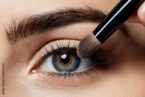 Eyebrow eye eyelash makeup brush cosmetic pencil eyeliner smudged closeup blue iris pupil skin beauty face female woman makeup application makeup brush eye shadow kohl liner mascara brow eyebrow