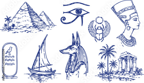 Ancient Egypt Vector Set with Pyramids, Eye of Horus, Anubis, Nefertiti, Scarab and Nile Icons
