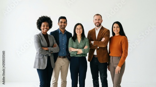 Diverse group of five people standing together, isolated on white background