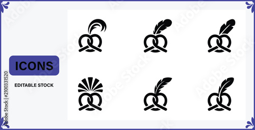 Set of traditional pretzel and featherdecorated vector icons for Bavarian celebration designs and Oktoberfest events representing cultural festive motifs