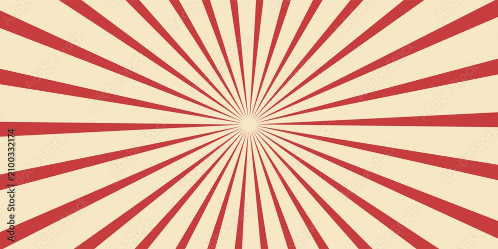 Obraz premium Red sunburst lines on yellow Background. Light sun rays pattern. Vintage stripes halftone radial wallpaper for poster, banner, advertising backdrop, comic or circus scene.