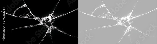 Cuadro en lienzo Realistic glass bullet hole with radiating cracks on black and transparent background
