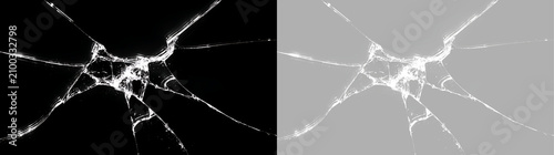 Fotografie Wide shattered glass pattern with long cracks on black and transparent background