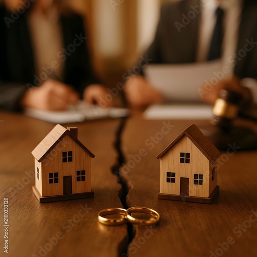 Wooden House Models Split on Cracked Table with Wedding Rings for Divorce Court Asset Division and Real Estate Legal Concept