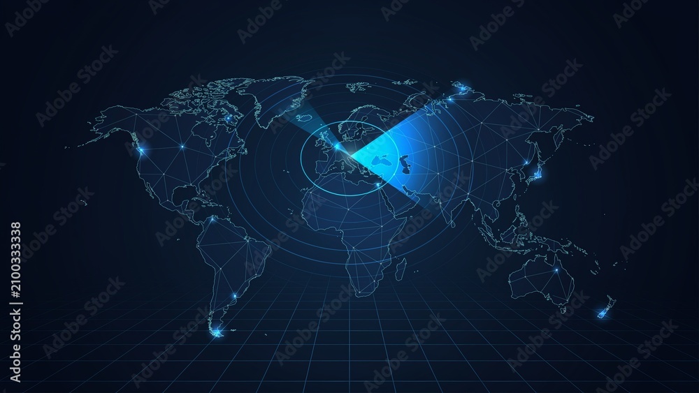 Obraz premium Futuristic global radar screen HUD interface with blue scanning sonar sweep and digital world map