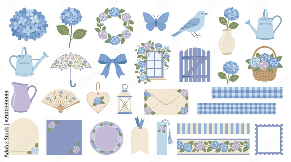 Fototapeta premium Charming Blue Hydrangea Elements for Scrapbooking and Design.