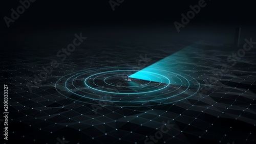 3D digital sonar radar scanning dark terrain representing underwater mapping, marine navigation, bathymetry or futuristic defense surveillance system