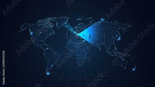 Futuristic global radar screen HUD interface with blue scanning sonar sweep and digital world map