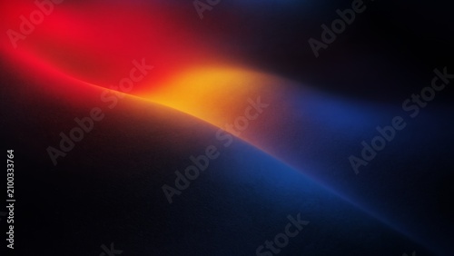 Abstract dark background with smooth flowing curves of vibrant glowing red, orange and blue neon lights.