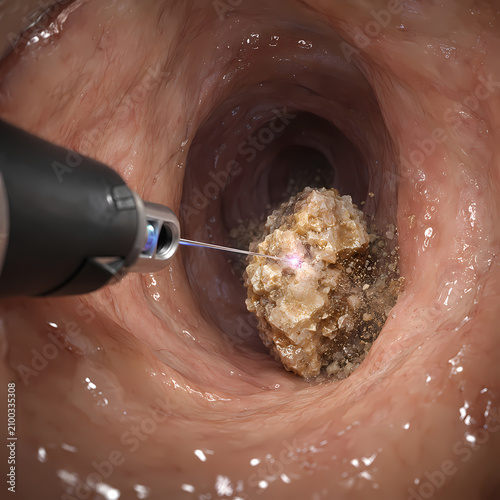 Endoscopic laser lithotripsy blasting kidney stone inside ureter close up view