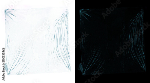 Photos Transparent plastic wrap texture on white and black background, wrinkled celloph