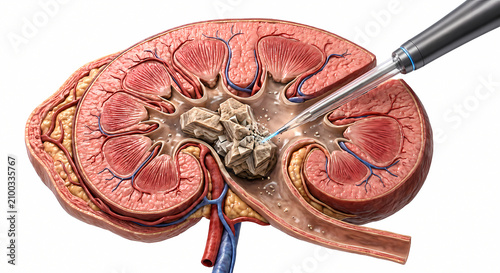 Percutaneous nephrolithotomy procedure destroying kidney stone with laser probe