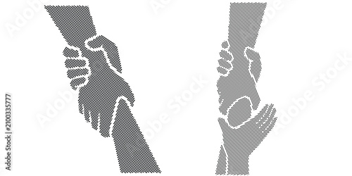 Fotografie Two hands gripping in a strong rescue grasp, help and support dotted halftone se
