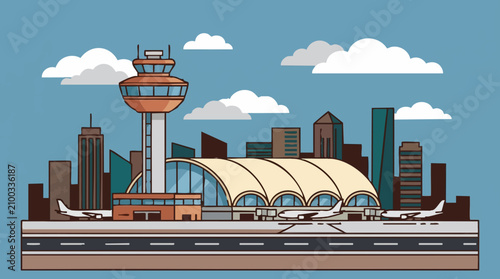 Fotografía Flat Design Illustration of a Modern Airport with Airplanes and City Skyline
