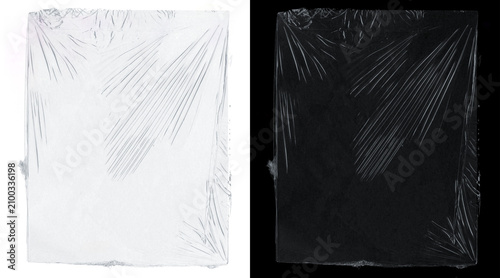 Crumpled plastic wrap texture on white and black background, transparent cellophane film overlay, wrinkled polyethylene packaging material for mockups