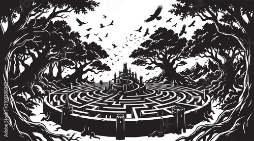 Foto Black and white illustration of a fantasy landscape with a bridge