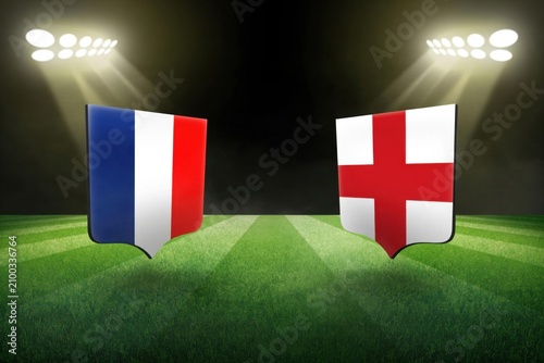France vs England Football Final Match Concept with National Flags and Soccer Ball in Stadium at Night