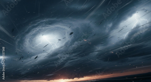 A Powerful Tornado Forms in a Dramatic Sky with Lightning and Debris, Evoking a Sense of Chaos and Natural Fury