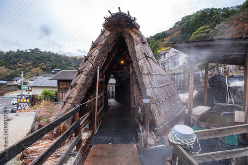 Traditional wooden steam hut in Beppu for geothermal bathing and therapy with cultural significance