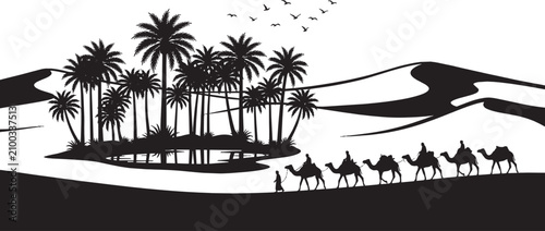 Black silhouette of camel caravan walking under palm trees in desert