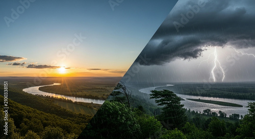 Split screen landscape showing sunny sunset and dramatic thunderstorm with lightning over a river valley