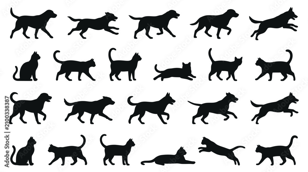Obraz premium Set of black silhouettes showing various active domestic cats and dogs in different natural poses