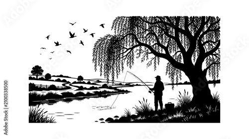 Man fishing under tree by river with birds flying