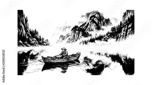 Black and white illustration of a boat on a lake with mountains