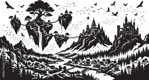 Black and white illustration of a spooky forest with bats