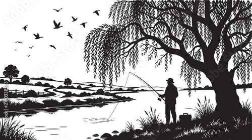 Man fishing under tree by river with birds flying