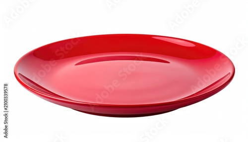 Glossy red ceramic plate with a subtle concave interior on white